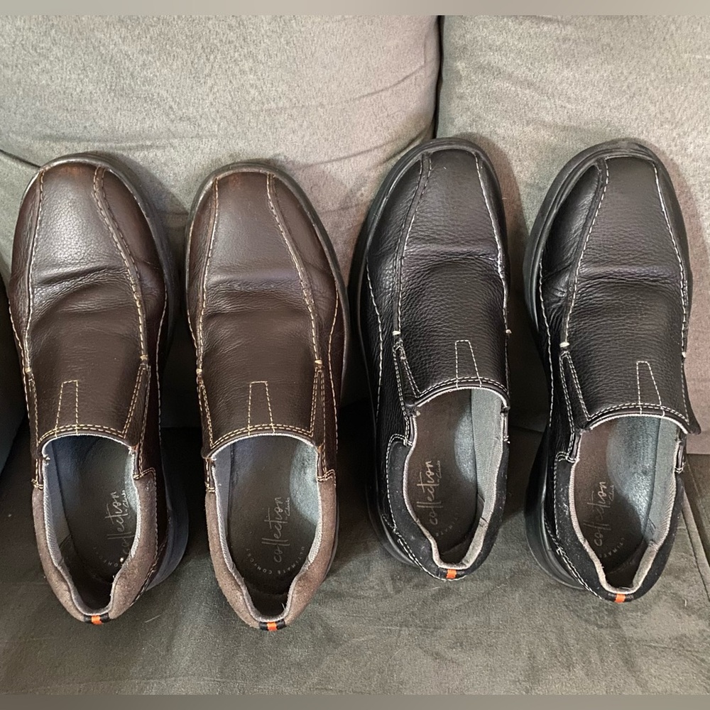 Two pair of size 10 Clark’s men’s slip on shoes